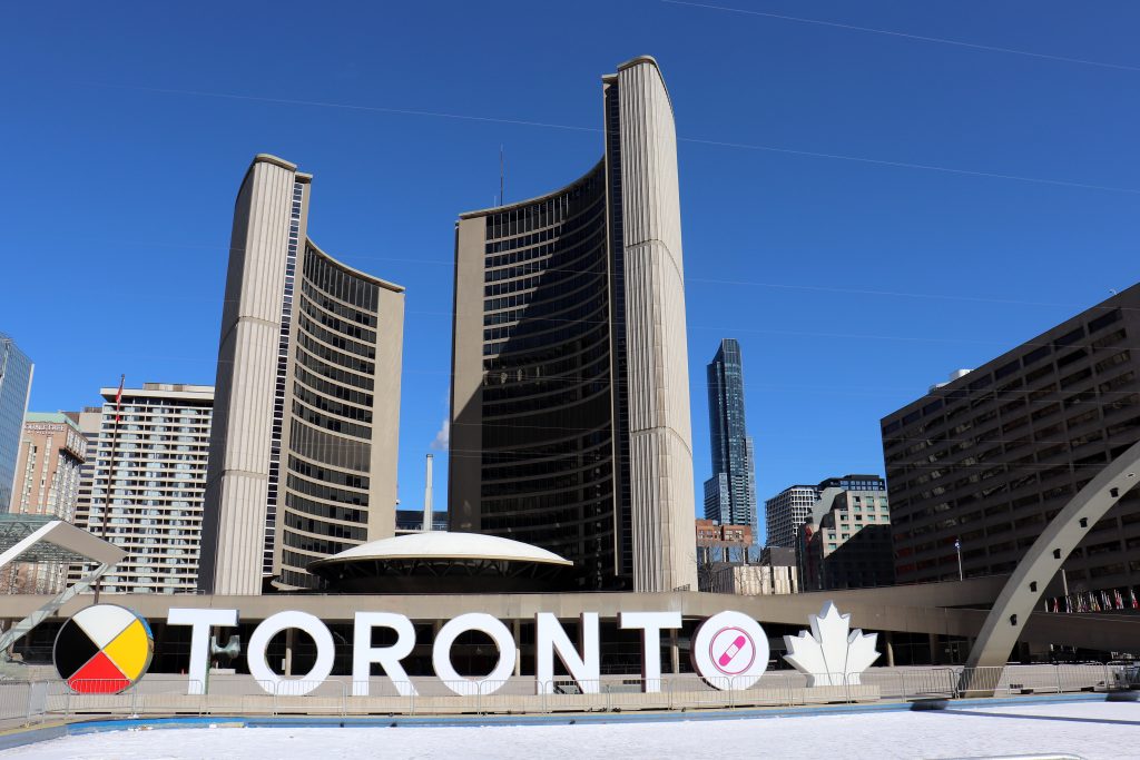 The famous Toronto sign in Nathan Phillips Square outside of Toronto City Hall