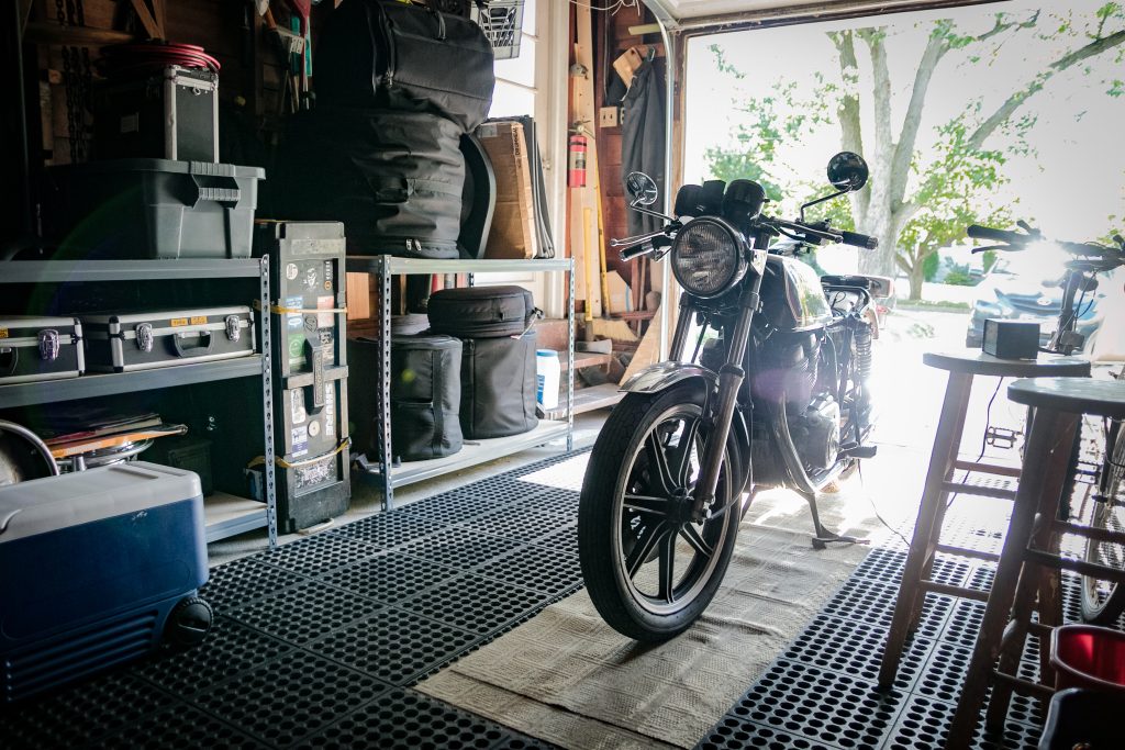 Motorcycle parked in garage storage 