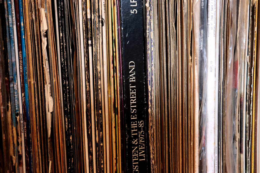 Vinyl records on a shelf