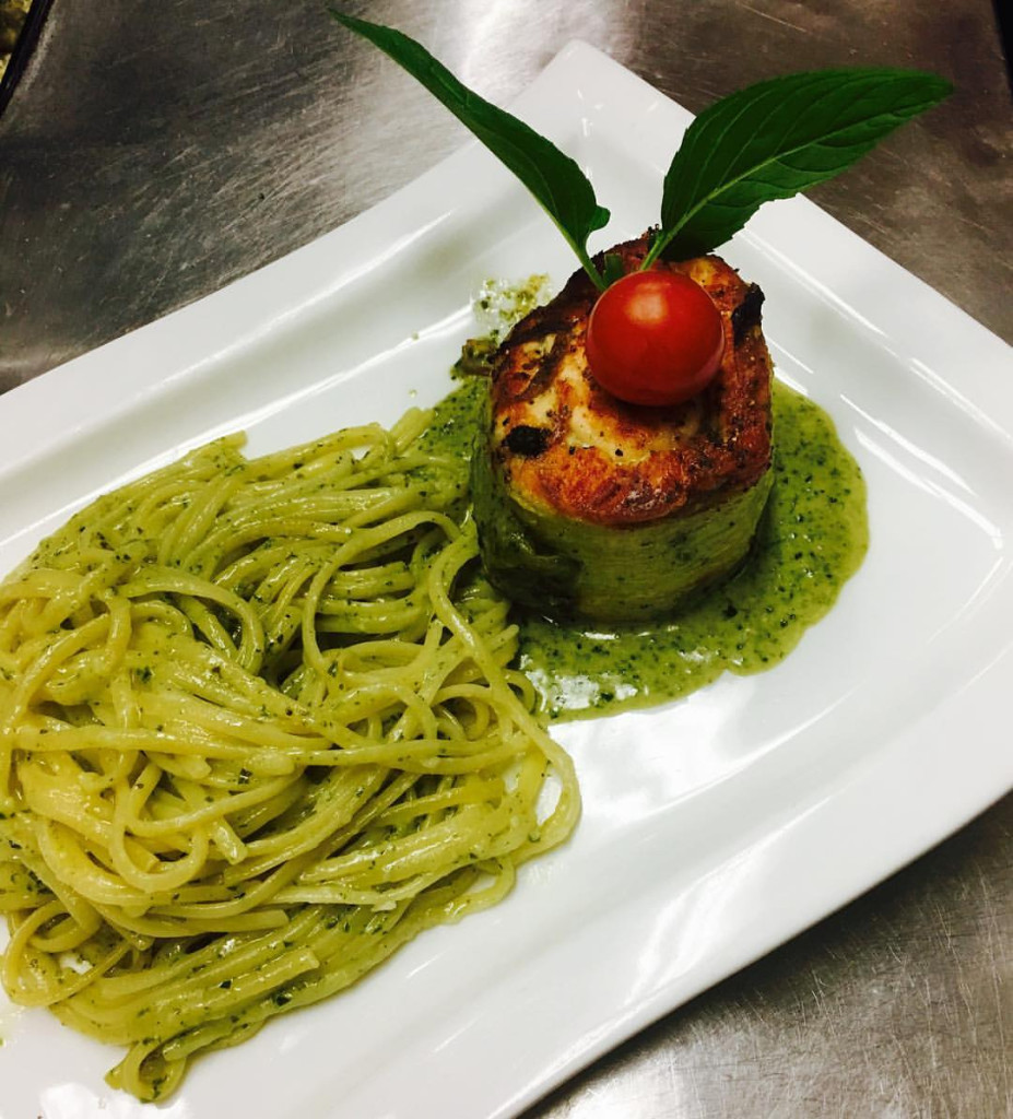 Salmon and pasta in a cream and pesto sauce