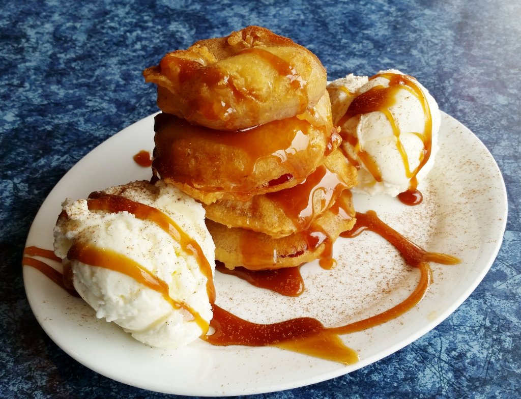 Apple fritter and ice cream