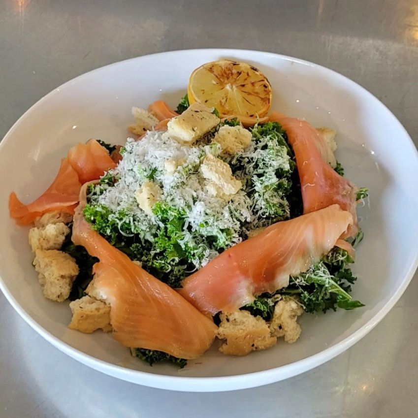 Kale Caesar with smoked salmon