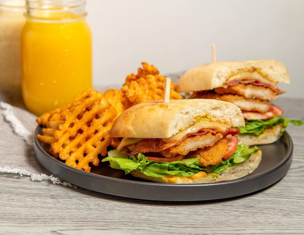 Chicken sandwich and waffle fries