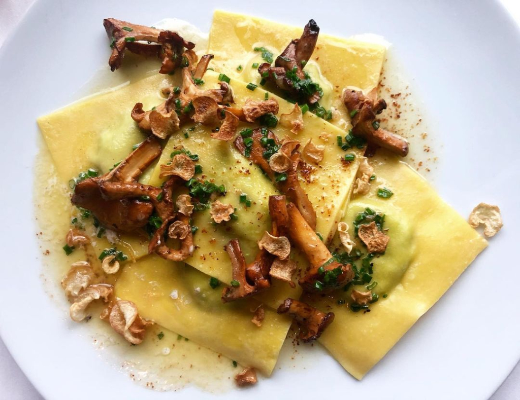 Minted pea ravioli, with chanterelles and lemon brown butter