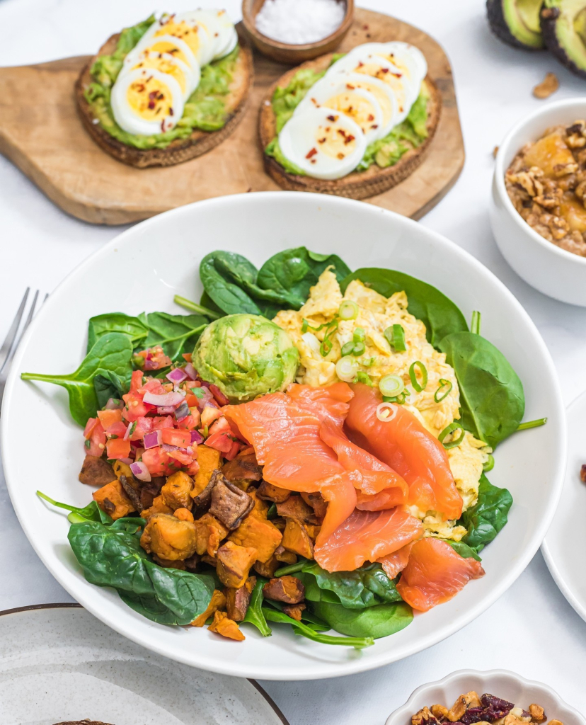 Smoked salmon bowl with egg and avocado toast