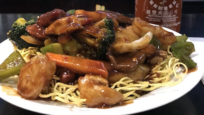 Noodle and vegetable dish from New Flower Drum Restaurant