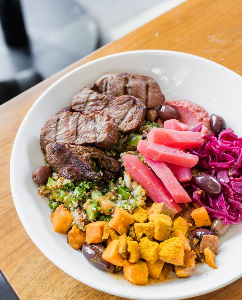 Steak bowl with beets and sweet potato