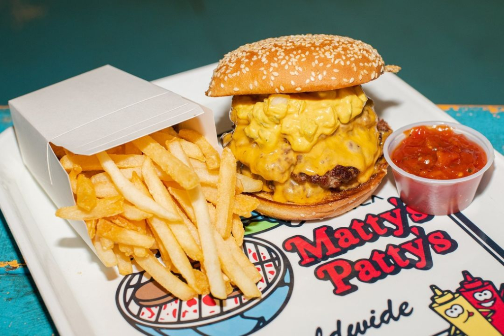 Burger, French fries, and spicy ketchup