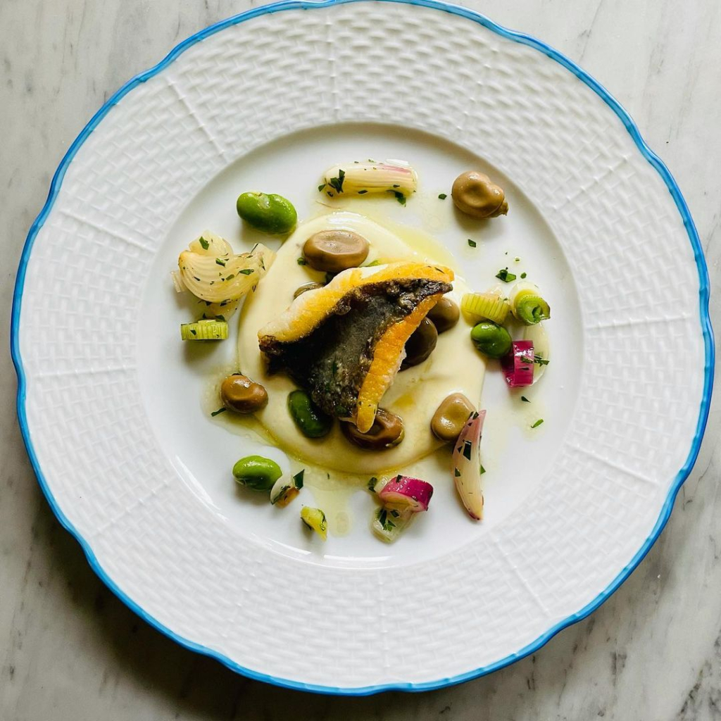 Wild John Dory with Fava Beans, New Onions, Potato-Olive Oil Purée