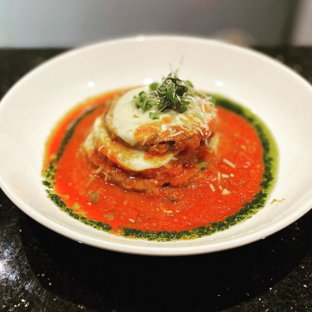Parmigiana di melanzane with a cherry tomato sauce from Solstice