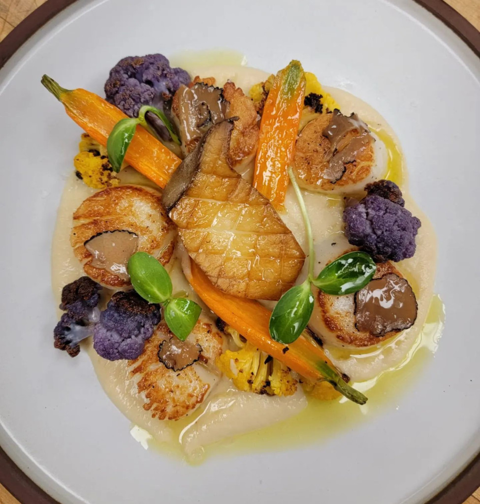 Seared Sea Scallops with Cauliflower Cream Black Truffle King Oyster Mushroom Roasted Carrots and Cauliflower